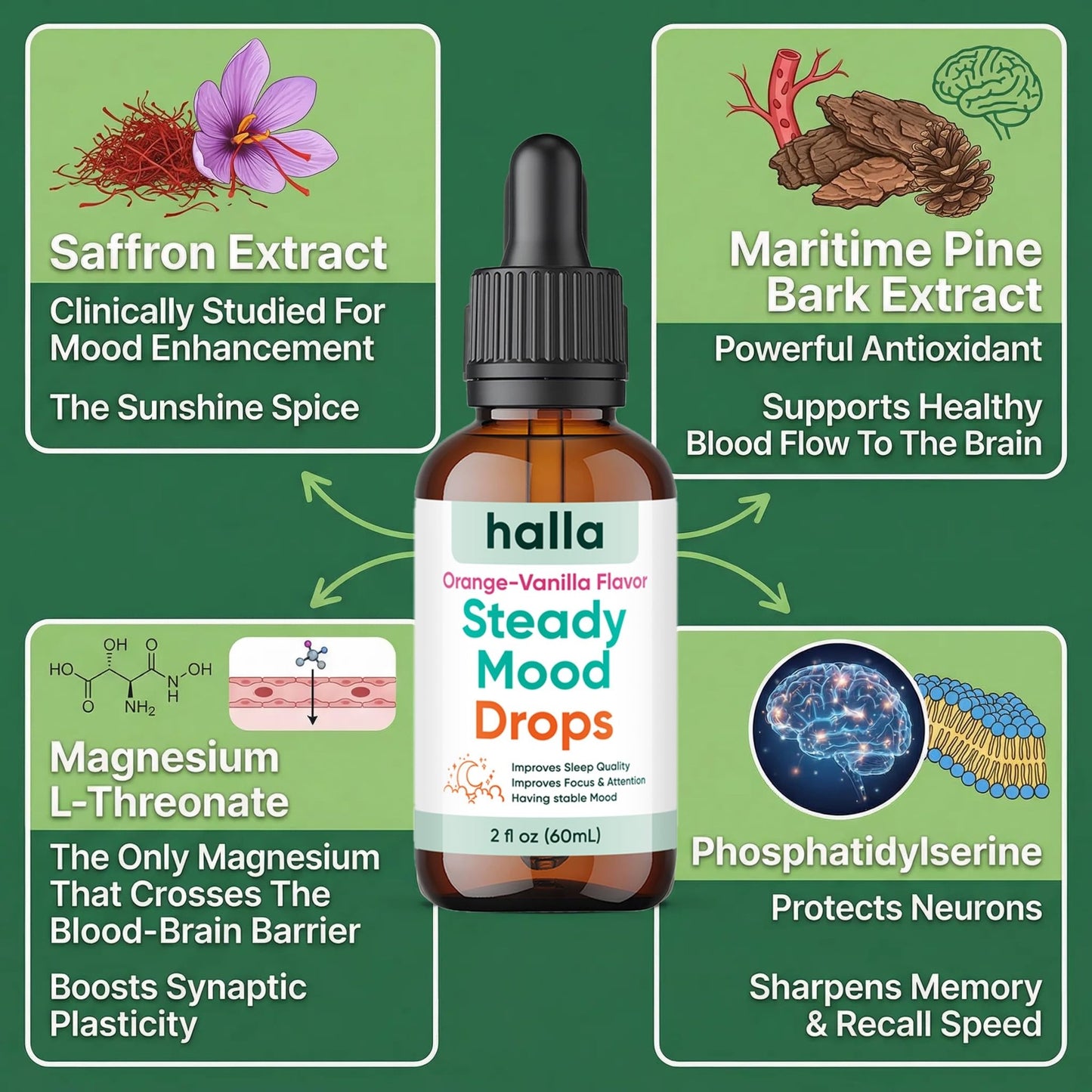 Halla Steady Mood Drops Saffron Extract, Maritime Pine Bark Extract, Phosphatidylserine, Magnesium L-Threonate, Sleep Supplements, Improves Focus & Attention, Mood Support Supplement, 60ml - dailyvitalstore