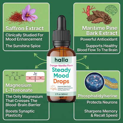 Halla Steady Mood Drops Saffron Extract, Maritime Pine Bark Extract, Phosphatidylserine, Magnesium L-Threonate, Sleep Supplements, Improves Focus & Attention, Mood Support Supplement, 60ml - dailyvitalstore