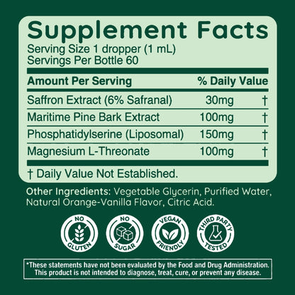 Halla Steady Mood Drops Saffron Extract, Maritime Pine Bark Extract, Phosphatidylserine, Magnesium L-Threonate, Sleep Supplements, Improves Focus & Attention, Mood Support Supplement, 60ml - dailyvitalstore
