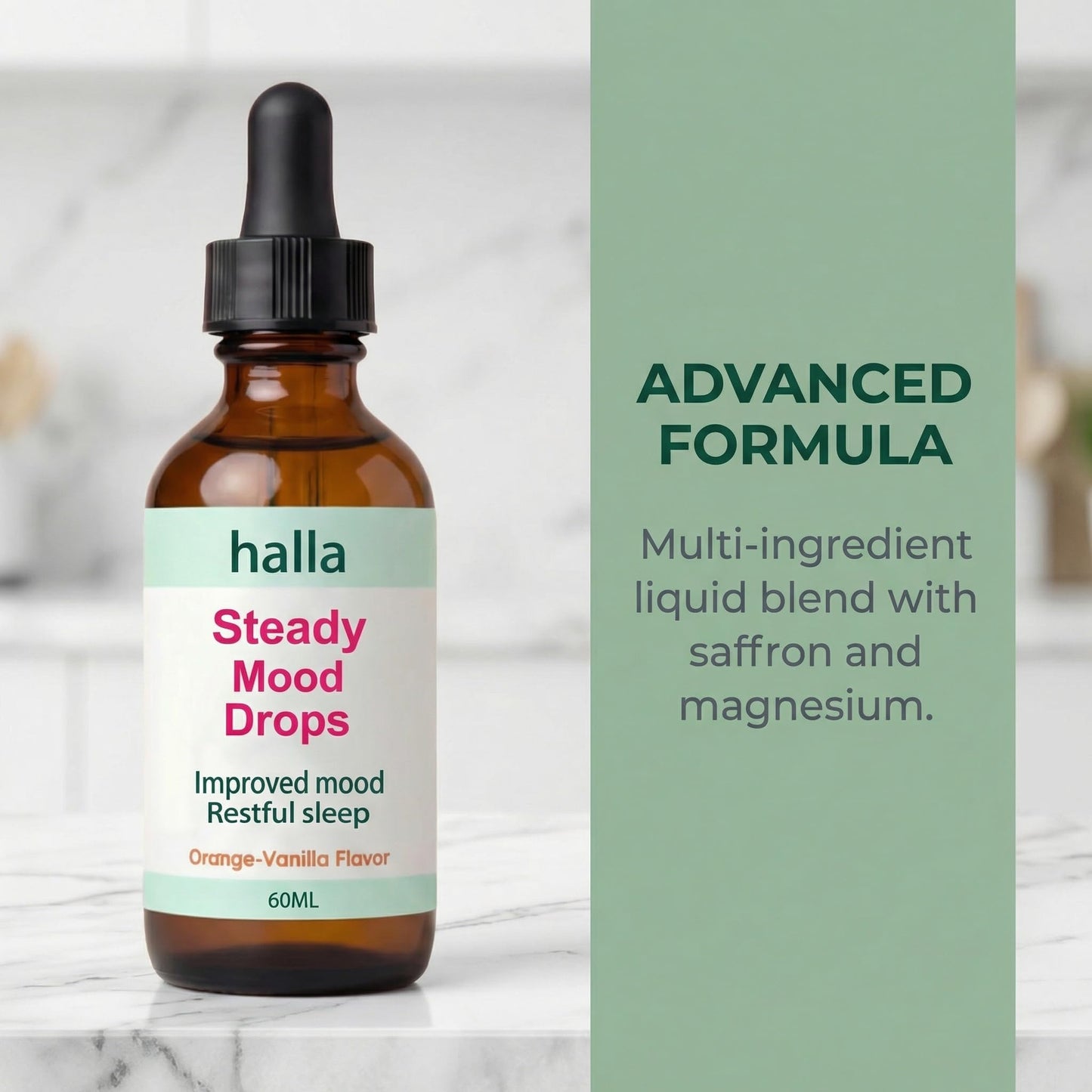 Halla Steady Mood Drops, with Saffron Extract – Fast Absorption Cognitive & Emotional Balance Supplement – Advanced Brain Nutrient Blend – Orange Vanilla Flavor, 2 fl oz - dailyvitalstore