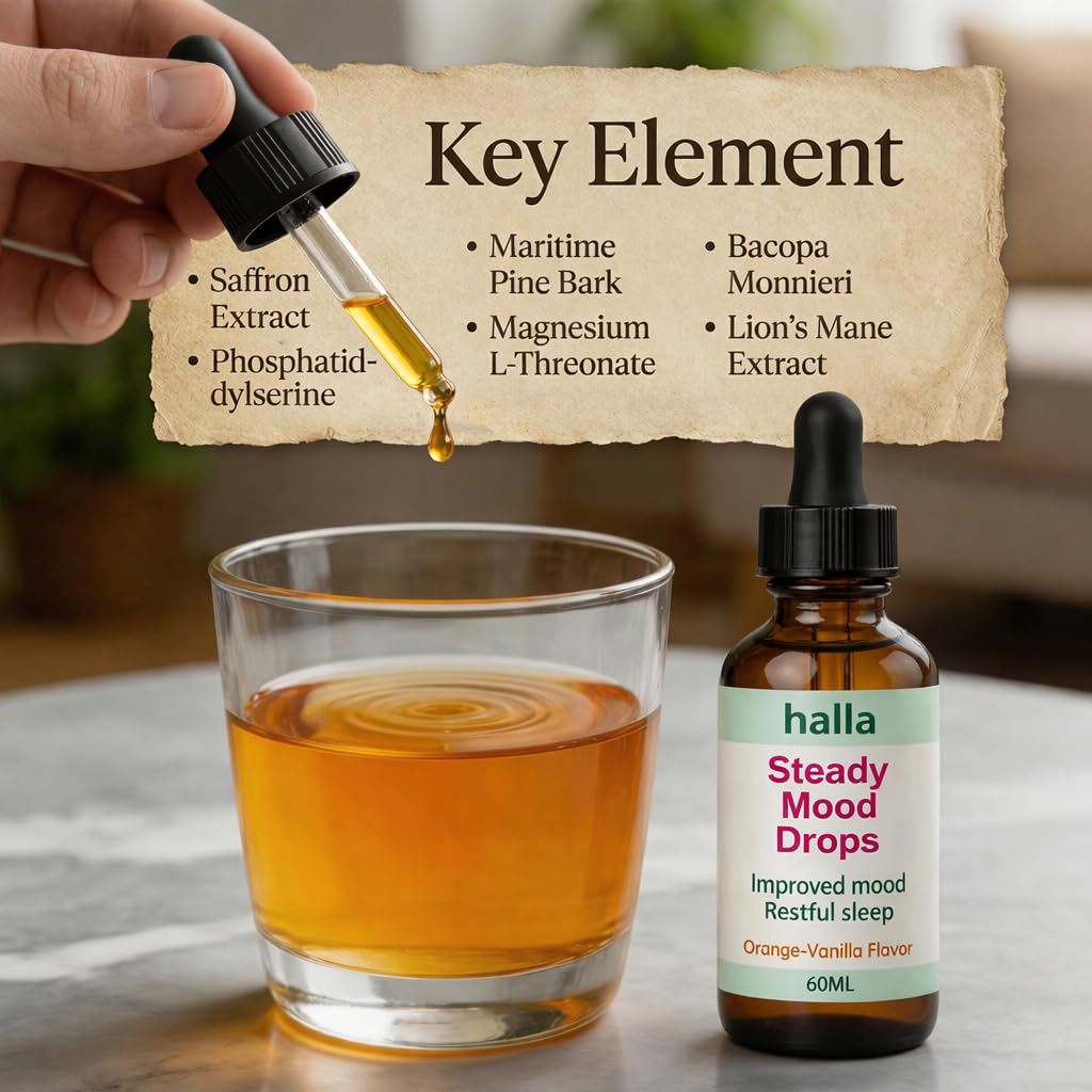 Halla Steady Mood Drops, with Saffron Extract – Fast Absorption Cognitive & Emotional Balance Supplement – Advanced Brain Nutrient Blend – Orange Vanilla Flavor, 2 fl oz - dailyvitalstore