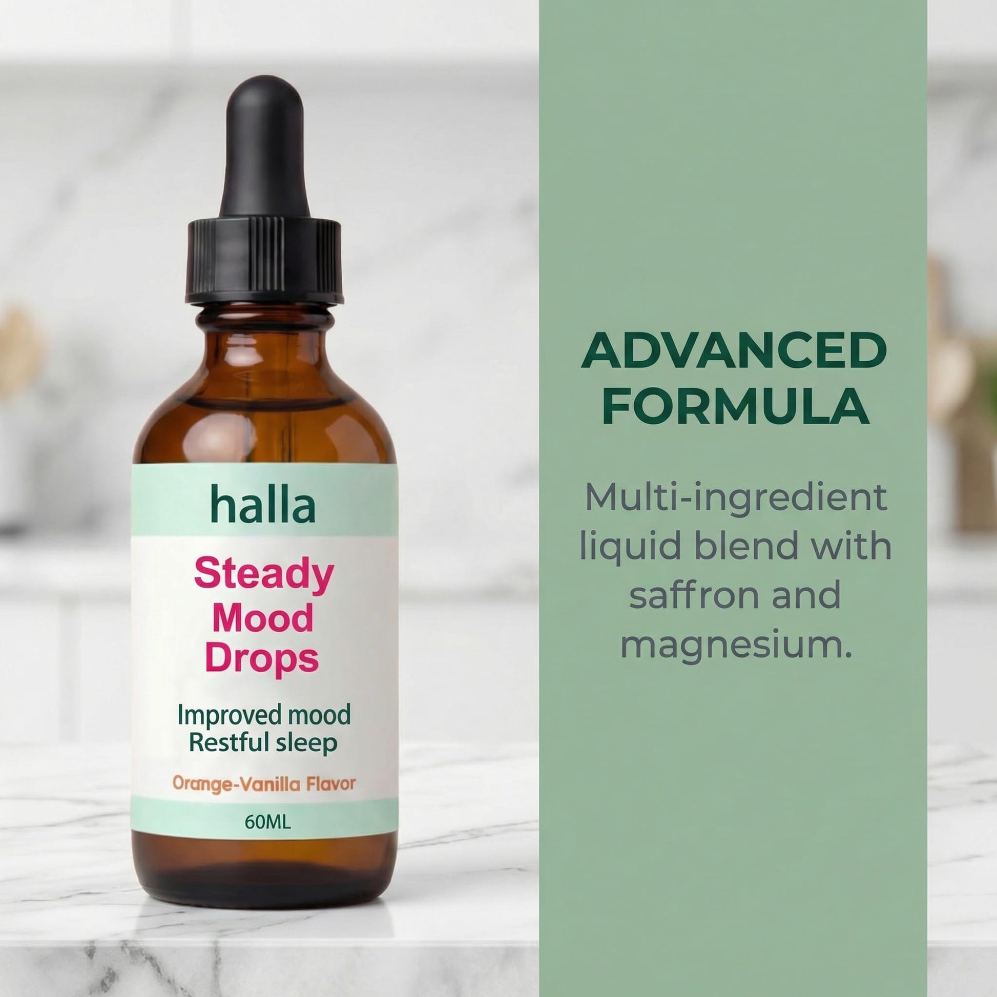 Halla Steady Mood Drops, with Saffron Extract – Fast Absorption Cognitive & Emotional Balance Supplement – Advanced Brain Nutrient Blend – Orange Vanilla Flavor, 2 fl oz - dailyvitalstore