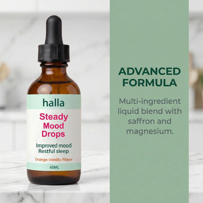 Halla Steady Mood Drops, with Saffron Extract – Fast Absorption Cognitive & Emotional Balance Supplement – Advanced Brain Nutrient Blend – Orange Vanilla Flavor, 2 fl oz - dailyvitalstore
