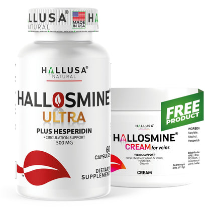 Hallosmine Ultra 650mg Diosmin Hesperidin, 60 Capsules + FREE Leg Cream with Diosmin, Hesperidin & Horse Chestnut, 4 oz | Blood Circulation & Vein Support Supplement, GMO Free, Gluten Free - dailyvitalstore