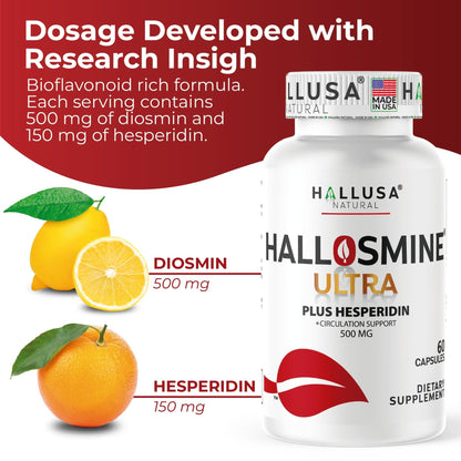 Hallosmine Ultra 650mg Diosmin Hesperidin, 60 Capsules + FREE Leg Cream with Diosmin, Hesperidin & Horse Chestnut, 4 oz | Blood Circulation & Vein Support Supplement, GMO Free, Gluten Free - dailyvitalstore