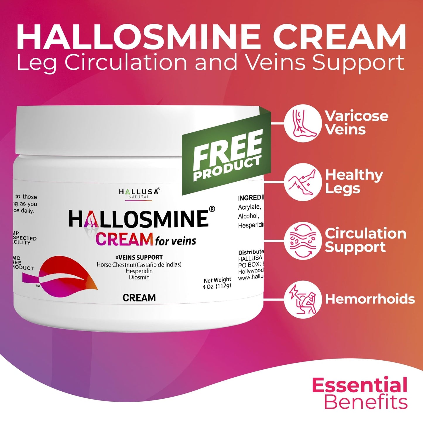 Hallosmine Ultra 650mg Diosmin Hesperidin, 60 Capsules + FREE Leg Cream with Diosmin, Hesperidin & Horse Chestnut, 4 oz | Blood Circulation & Vein Support Supplement, GMO Free, Gluten Free - dailyvitalstore
