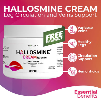 Hallosmine Ultra 650mg Diosmin Hesperidin, 60 Capsules + FREE Leg Cream with Diosmin, Hesperidin & Horse Chestnut, 4 oz | Blood Circulation & Vein Support Supplement, GMO Free, Gluten Free - dailyvitalstore