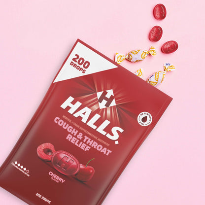 HALLS Cough and Throat Relief Cherry Cough Drops, Bulk Pack, 200 Drops - dailyvitalstore