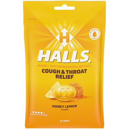 HALLS Cough and Throat Relief Honey Lemon Cough Drops, 30 Drops - dailyvitalstore