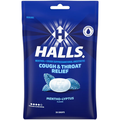 HALLS Cough and Throat Relief Mentho-Lyptus Cough Drops, 30 Drops - dailyvitalstore