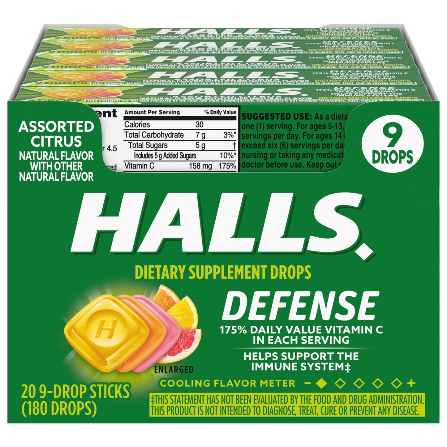 HALLS Defense Assorted Citrus Vitamin C Drops, 20 Sticks of 9 Drops (180 Total Drops) - dailyvitalstore