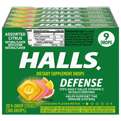 HALLS Defense Assorted Citrus Vitamin C Drops, 20 Sticks of 9 Drops (180 Total Drops) - dailyvitalstore
