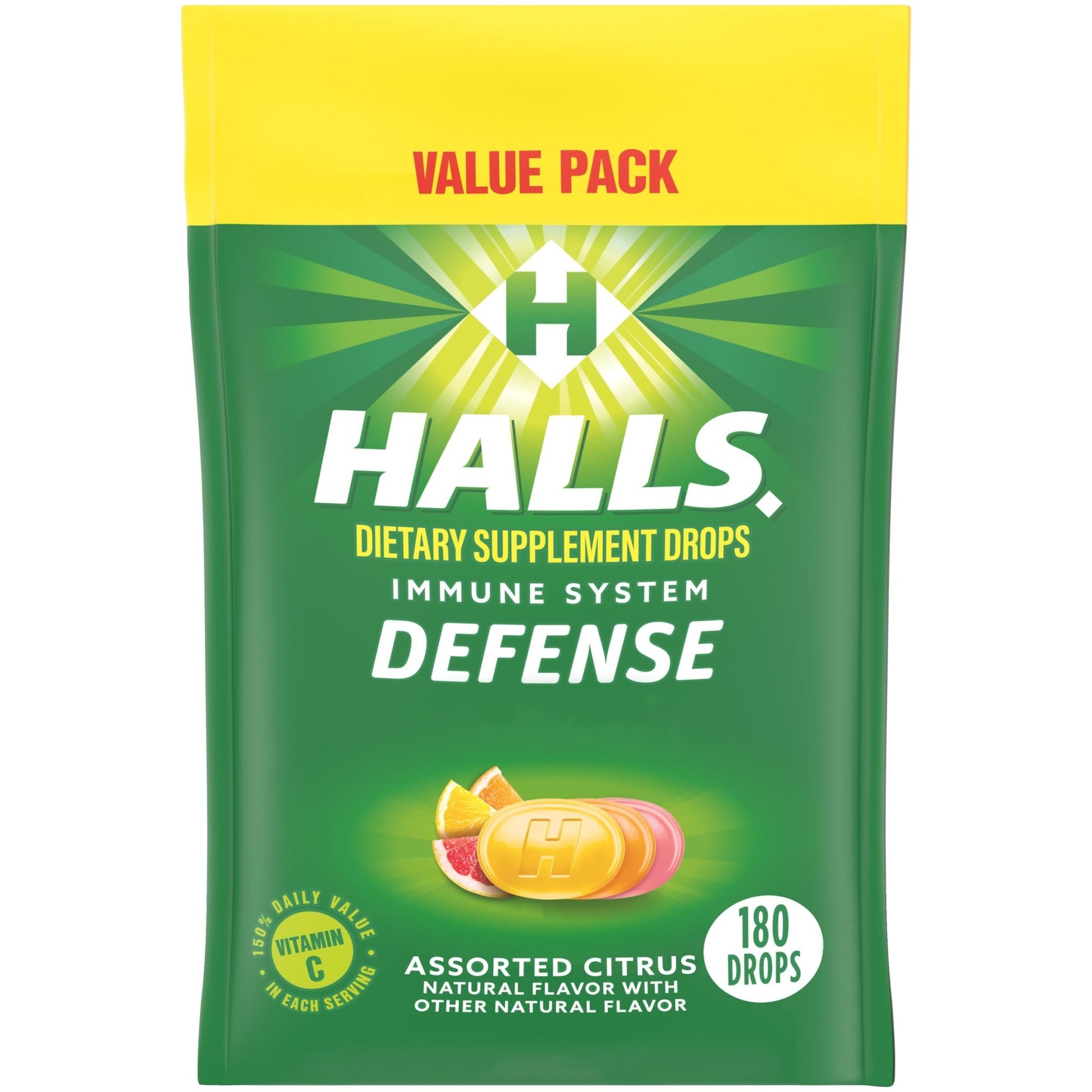 HALLS Defense Assorted Citrus Vitamin C Drops, Value Pack, 180 Drops - dailyvitalstore
