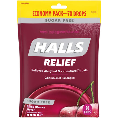 HALLS Relief Sugar Free Black Cherry Flavor Cough Drops, Economy Pack, 1 Bag (70 Total Drops) - dailyvitalstore