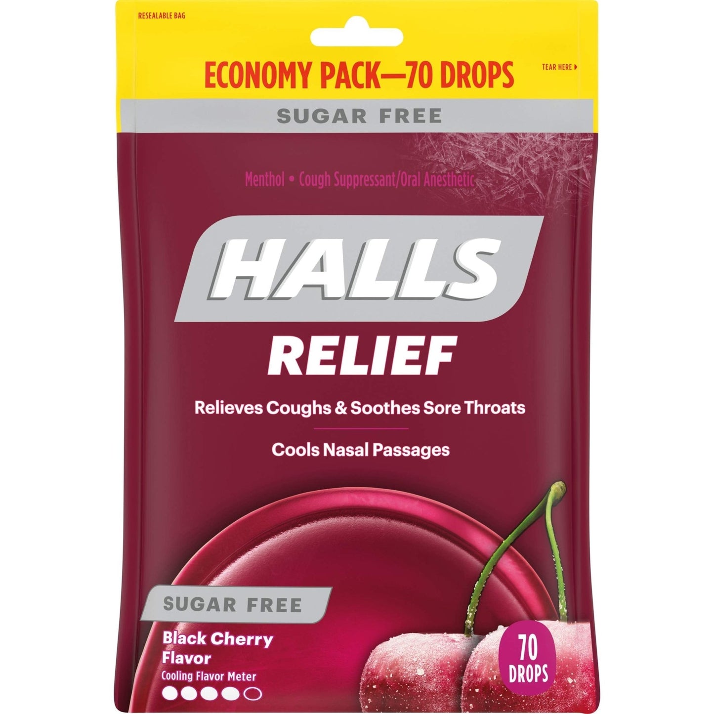 HALLS Relief Sugar Free Black Cherry Flavor Cough Drops, Economy Pack, 1 Bag (70 Total Drops) - dailyvitalstore