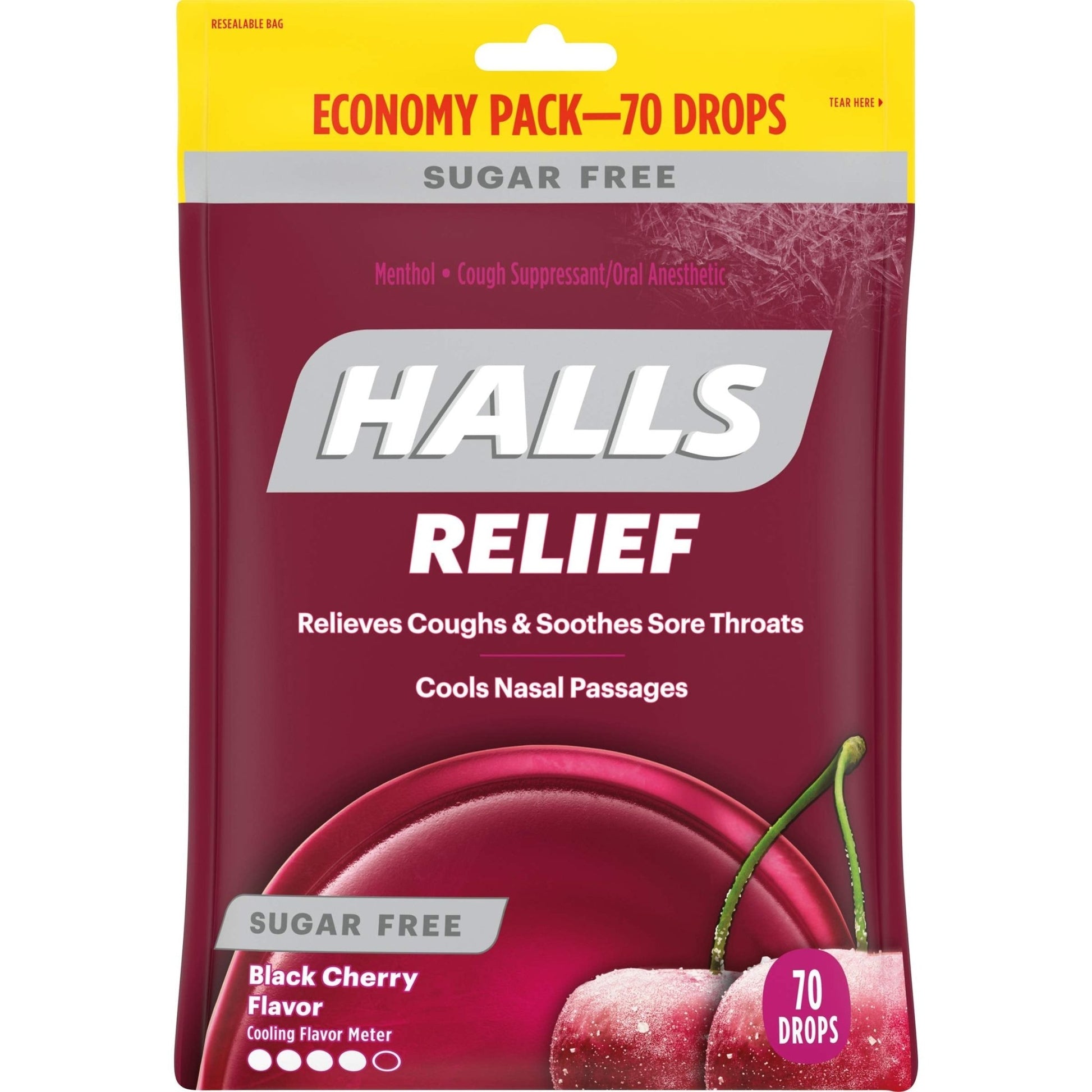 HALLS Relief Sugar Free Black Cherry Flavor Cough Drops, Economy Pack, 1 Bag (70 Total Drops) - dailyvitalstore