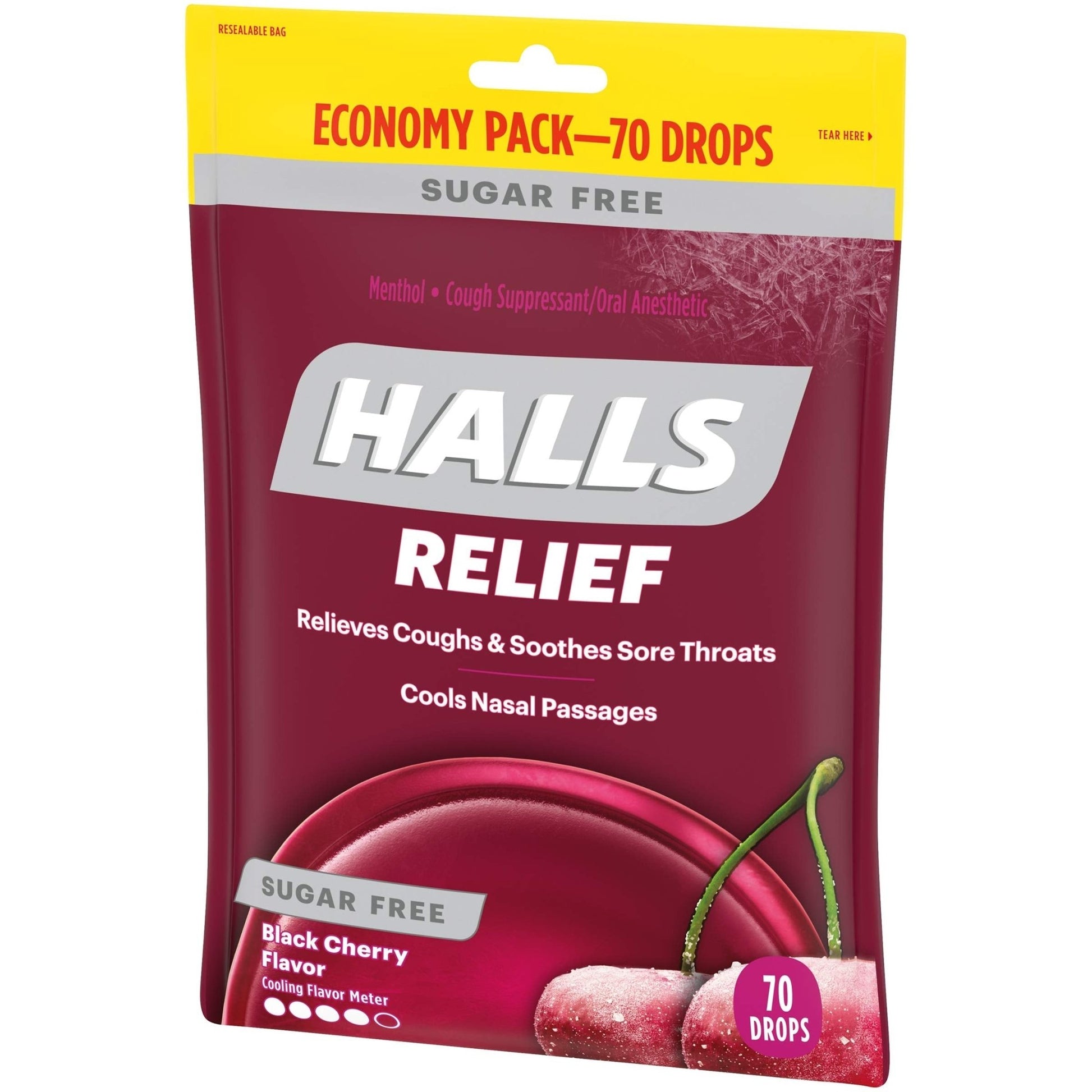 HALLS Relief Sugar Free Black Cherry Flavor Cough Drops, Economy Pack, 1 Bag (70 Total Drops) - dailyvitalstore