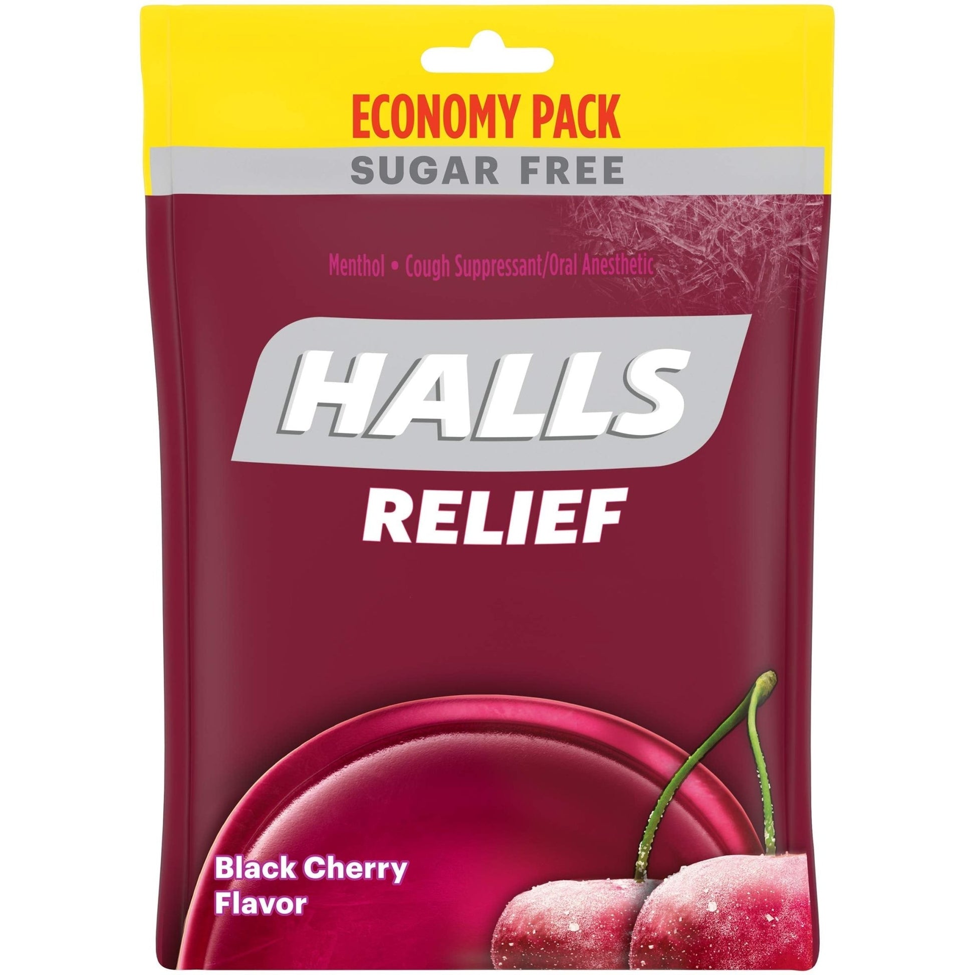 HALLS Relief Sugar Free Black Cherry Flavor Cough Drops, Economy Pack, 1 Bag (70 Total Drops) - dailyvitalstore