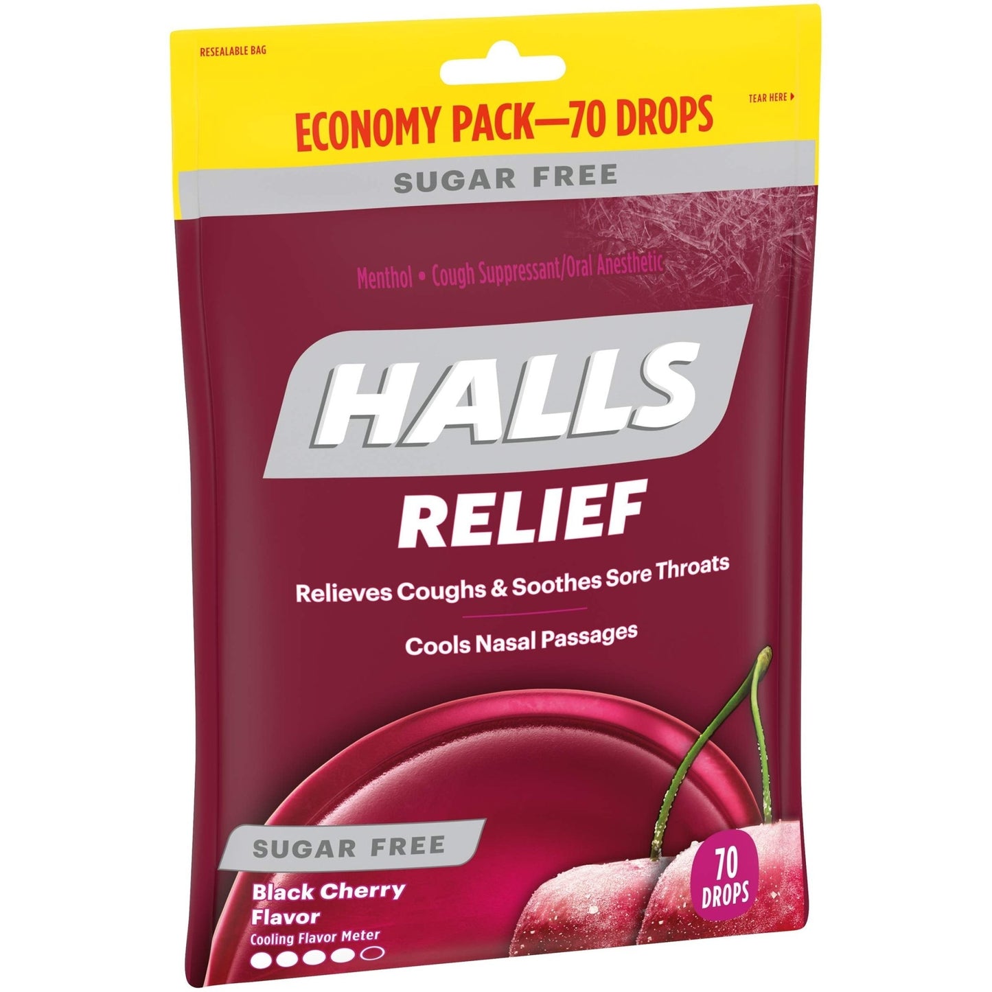 HALLS Relief Sugar Free Black Cherry Flavor Cough Drops, Economy Pack, 1 Bag (70 Total Drops) - dailyvitalstore