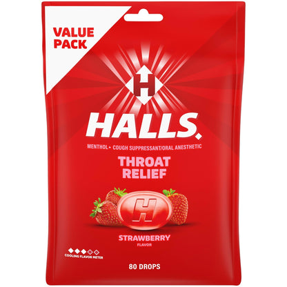 HALLS Throat Relief Strawberry Cough Drops, Value Pack, 80 Drops - dailyvitalstore