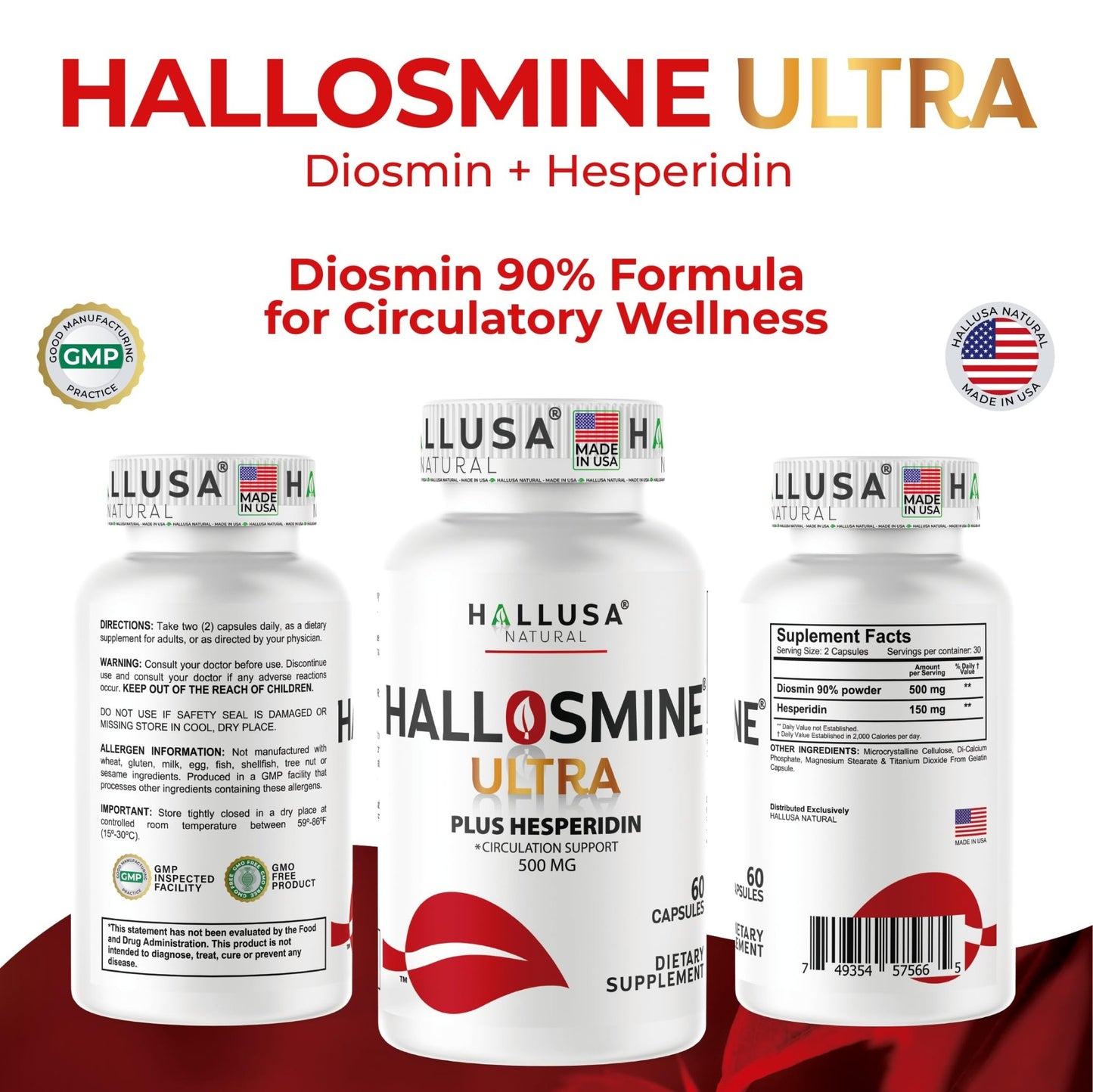 Hallusa Natural Hallosmine Ultra Diosmin 500mg & Hesperidin 150mg – Heavy Legs, Swelling & Vein - Blood Circulation Supplements, 60 Caps - dailyvitalstore