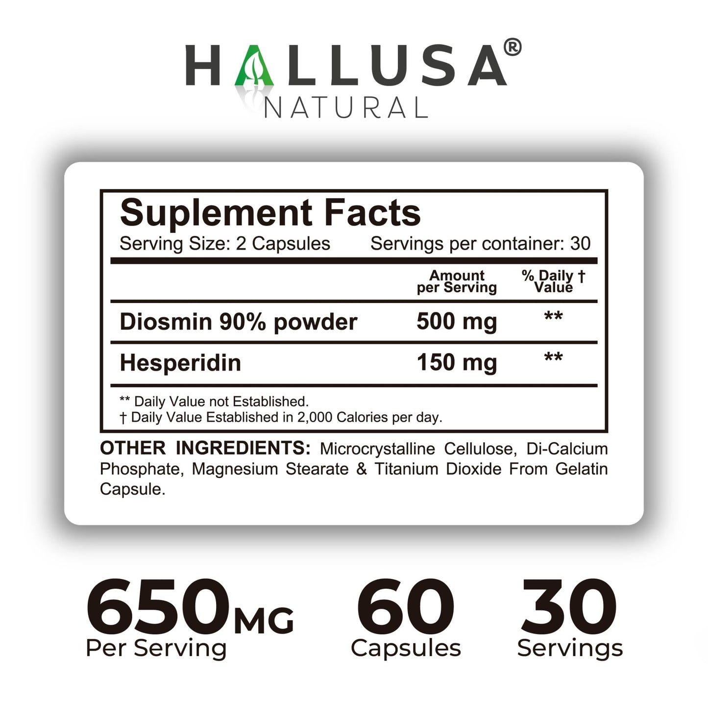 Hallusa Natural Hallosmine Ultra Diosmin 500mg & Hesperidin 150mg – Heavy Legs, Swelling & Vein - Blood Circulation Supplements, 60 Caps - dailyvitalstore