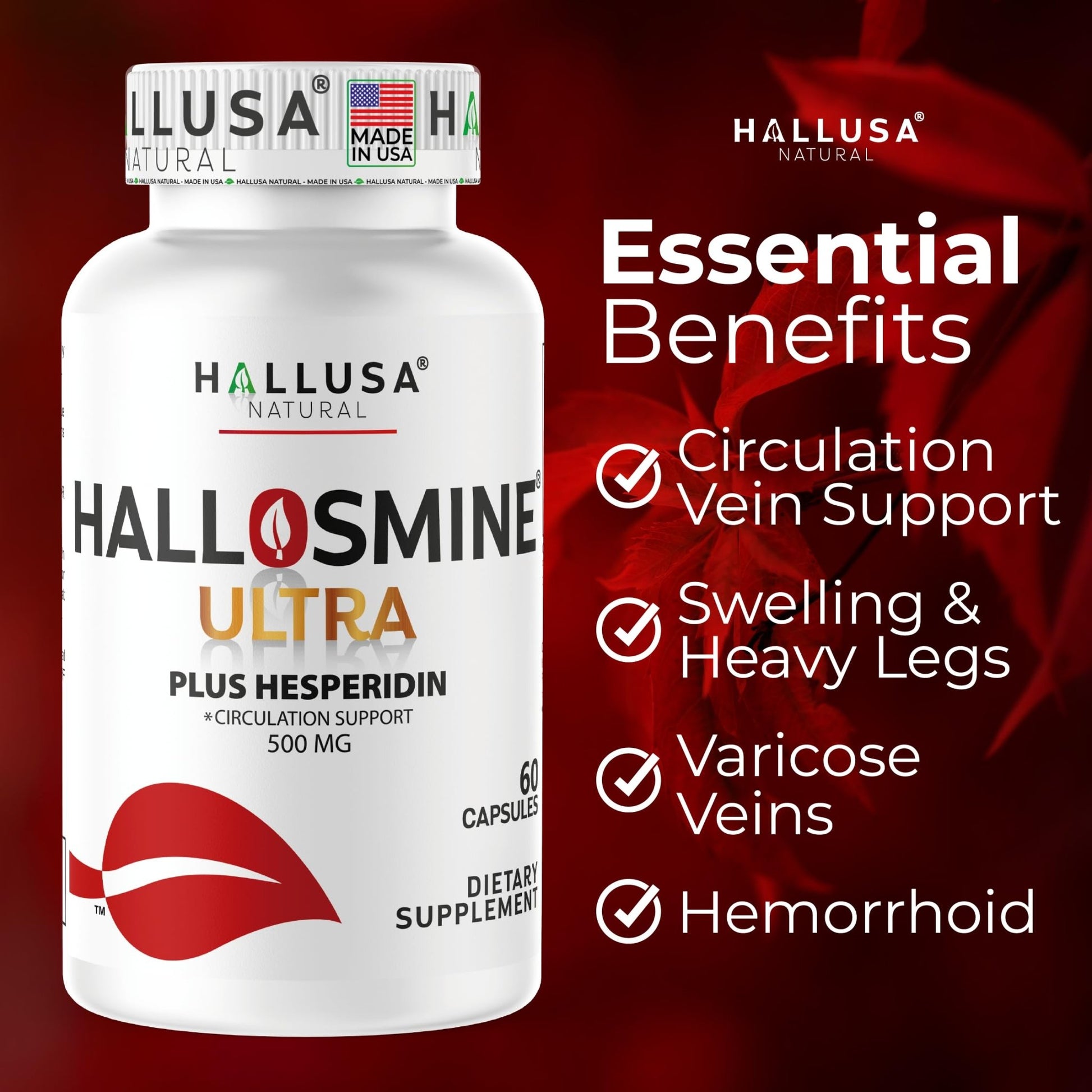 Hallusa Natural Hallosmine Ultra Diosmin 500mg & Hesperidin 150mg – Heavy Legs, Swelling & Vein - Blood Circulation Supplements, 60 Caps - dailyvitalstore