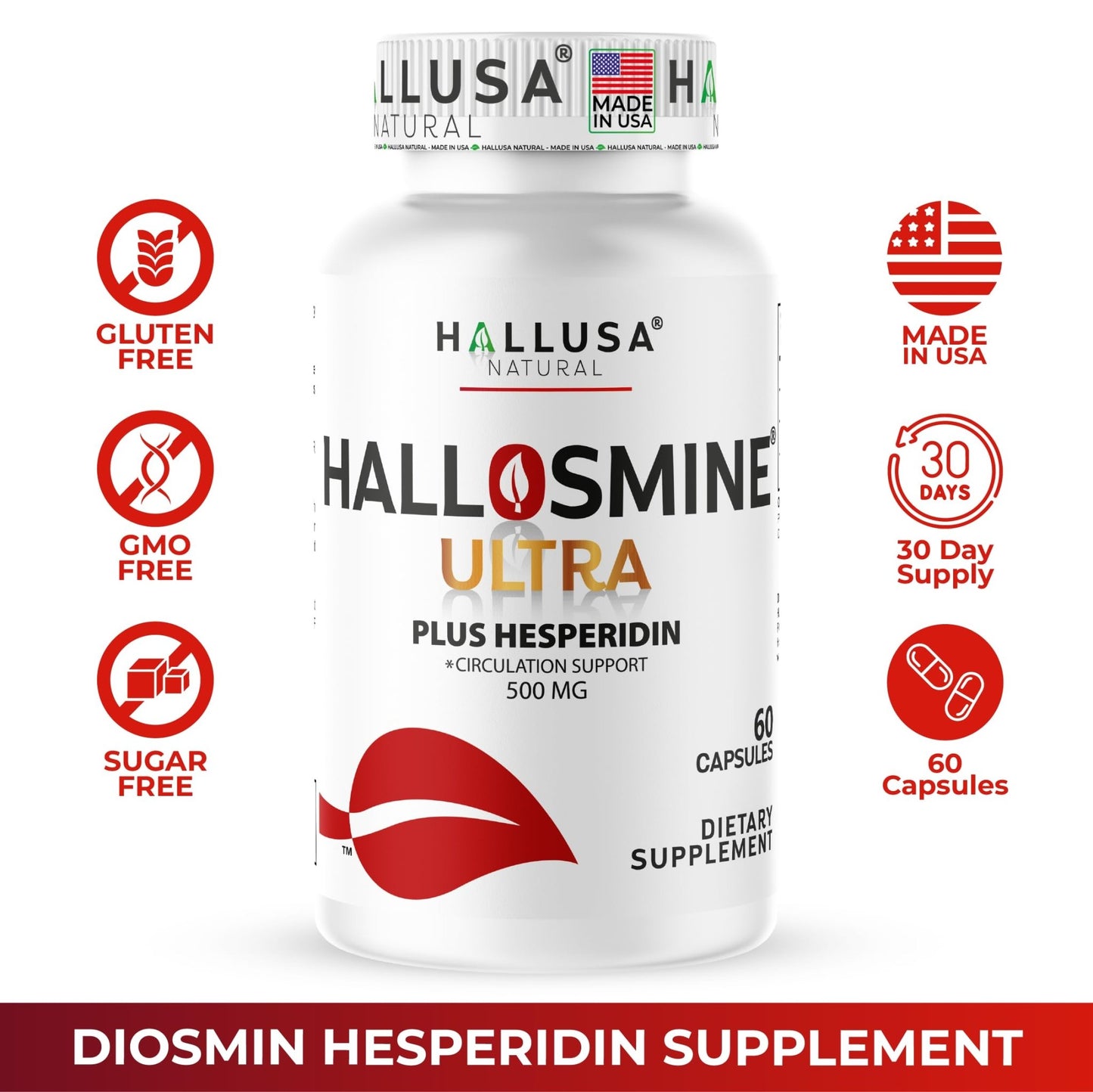 Hallusa Natural Hallosmine Ultra Diosmin 500mg & Hesperidin 150mg – Heavy Legs, Swelling & Vein - Blood Circulation Supplements, 60 Caps - dailyvitalstore