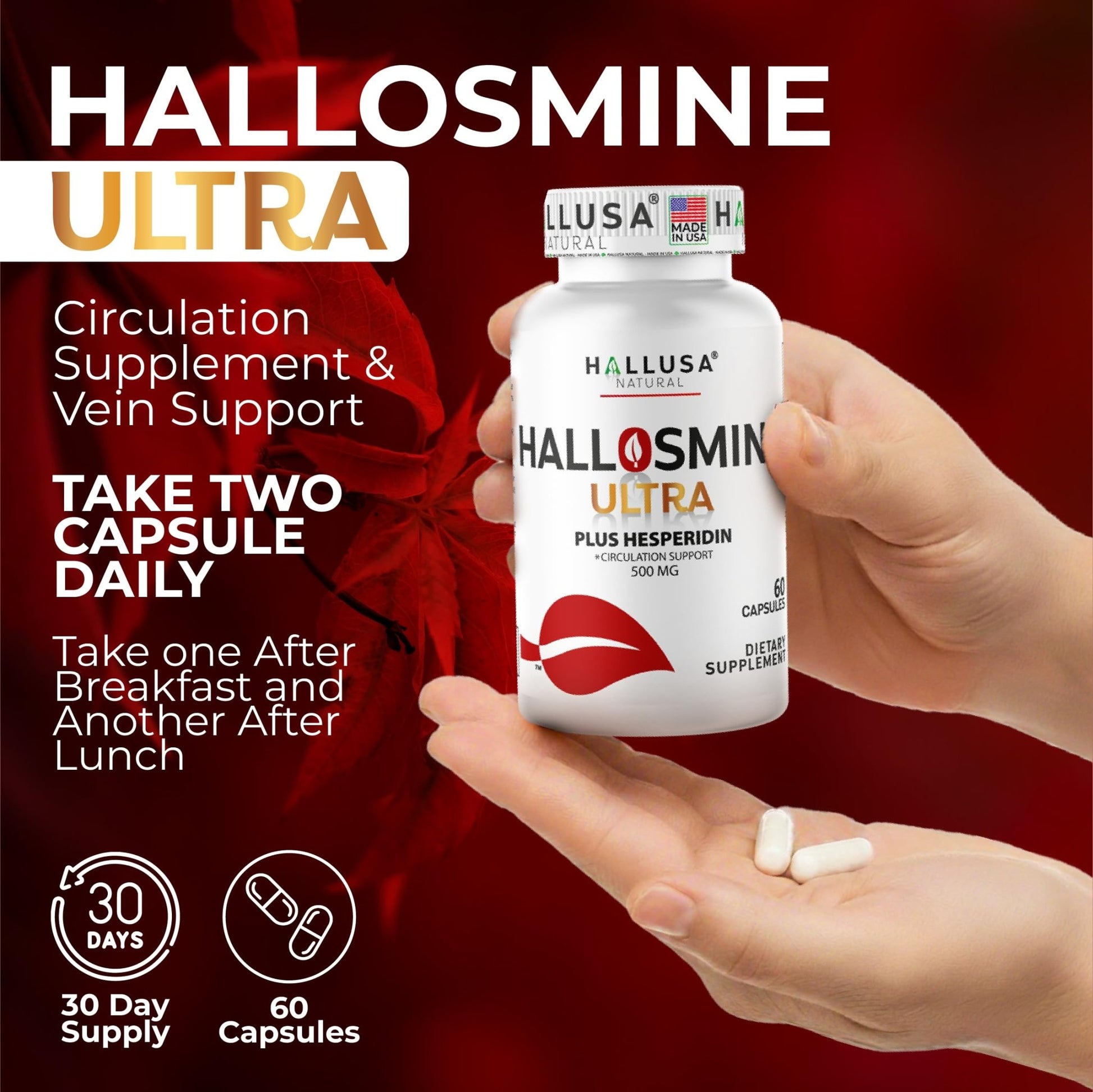 Hallusa Natural Hallosmine Ultra Diosmin 500mg & Hesperidin 150mg – Heavy Legs, Swelling & Vein - Blood Circulation Supplements, 60 Caps - dailyvitalstore