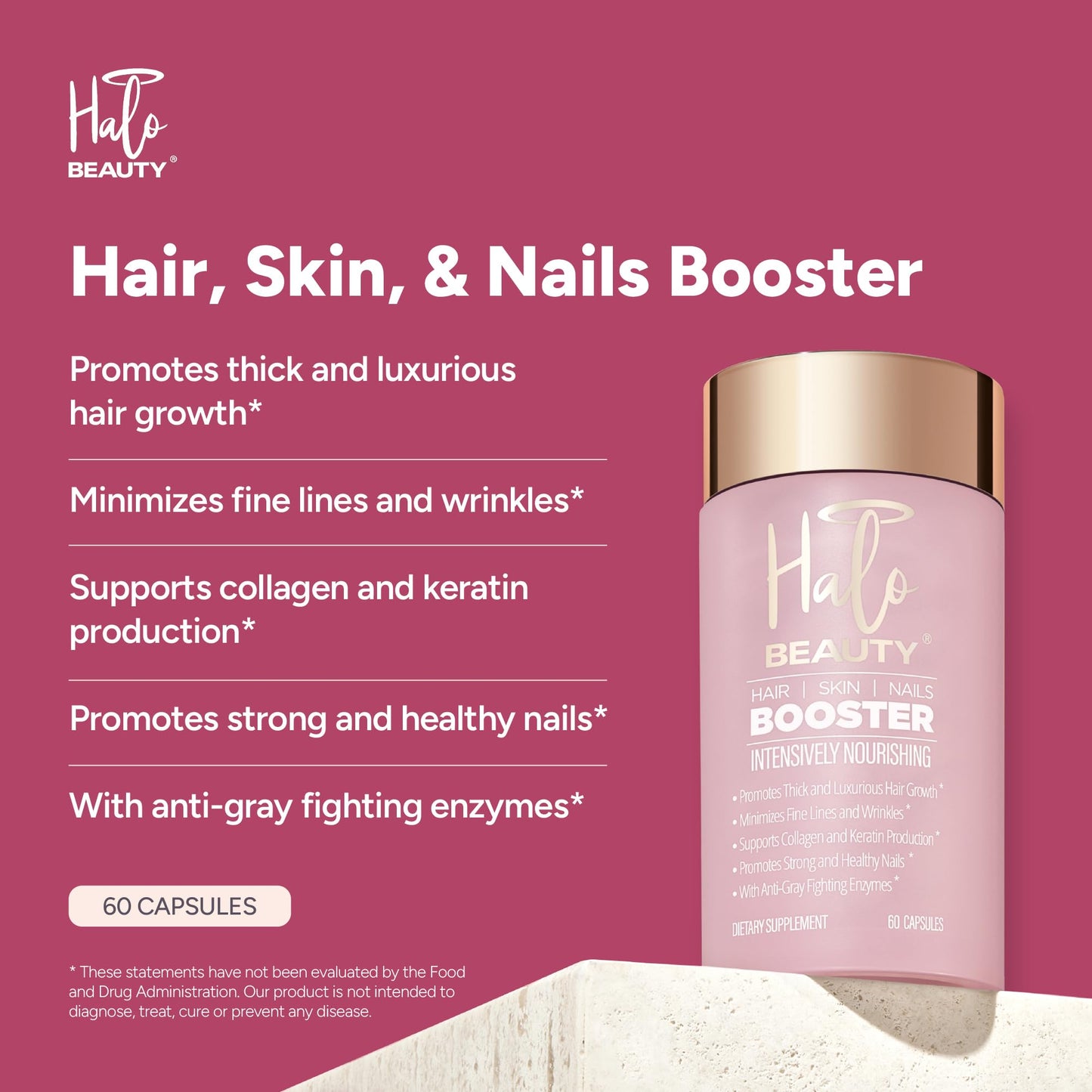 Halo Beauty Hair Skin & Nails Supplement | Thicker Hair Growth, Radiant Skin & Strong Nails Support with Biotin, Saw Palmetto & Phytoceramides | Vegan Capsules | Made in USA | 1-Month Supply - dailyvitalstore