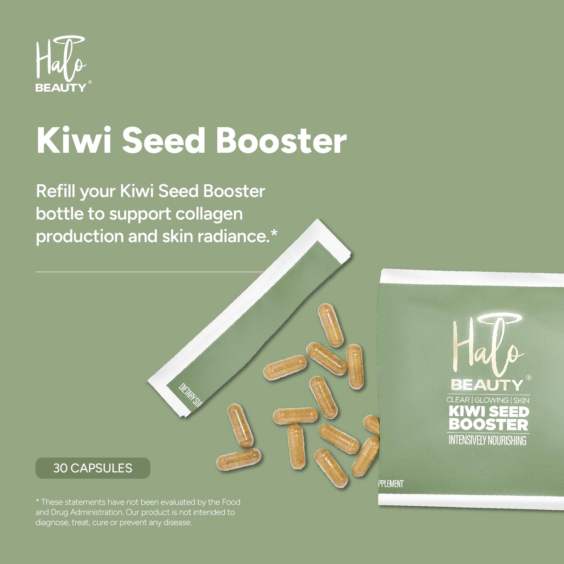 Halo Beauty Kiwi Seed Booster Skin Supplement Refill Pack | Anti-Aging Hydration & Glowing Skin Support with Kiwi Seed, Vitamin C, D3 & Zinc | Vegan Collagen Support Capsules | 1-Month Supply - dailyvitalstore