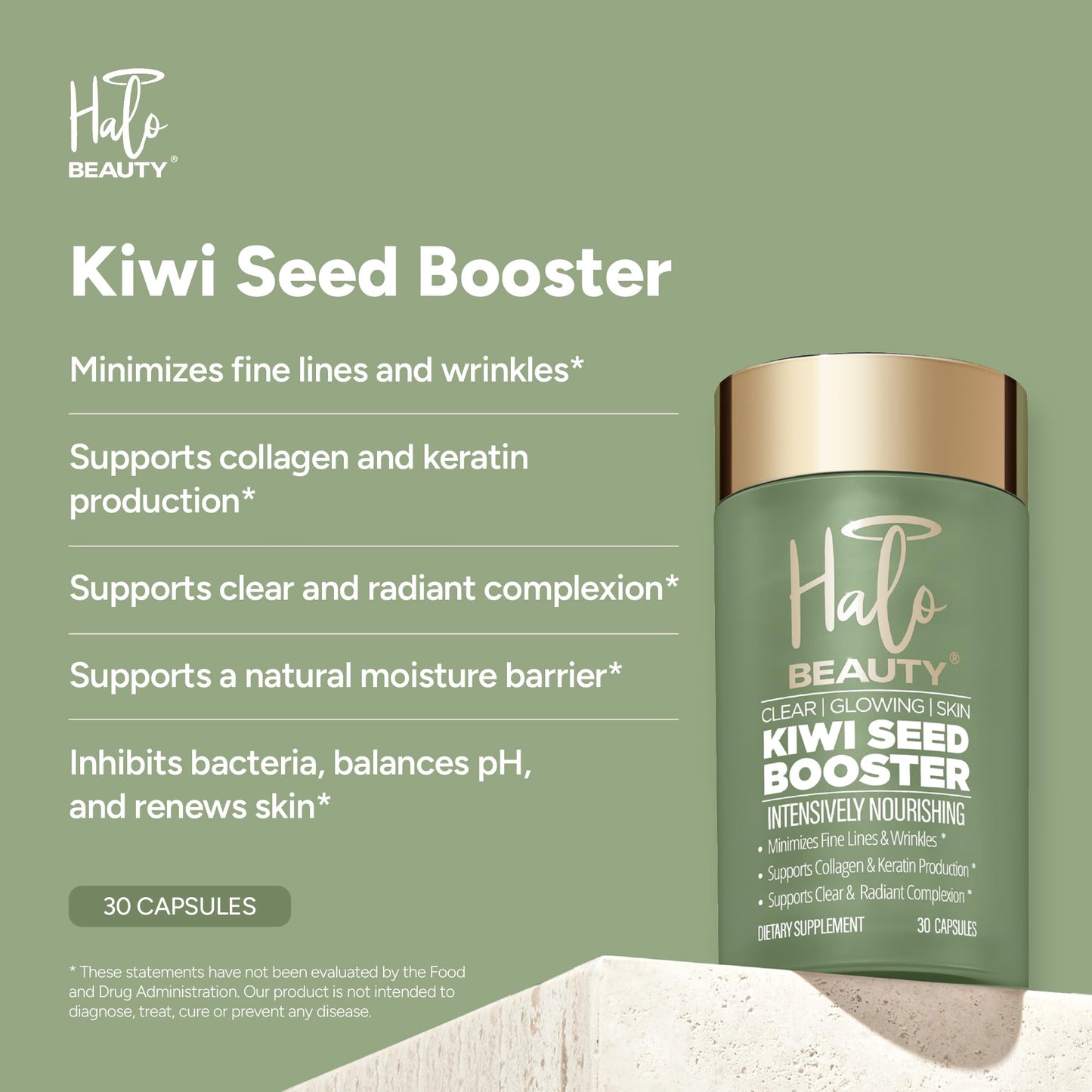 Halo Beauty Kiwi Seed Booster Skin Supplement Refill Pack | Anti-Aging Hydration & Glowing Skin Support with Kiwi Seed, Vitamin C, D3 & Zinc | Vegan Collagen Support Capsules | 1-Month Supply - dailyvitalstore