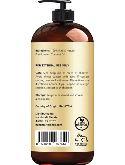 Handcraft Blends Fractionated Coconut Oil - 16 Fl Oz - 100% Pure and Natural - Premium Grade Carrier Oil for Skin, Hair and Body - Massage - Hair Tonic - dailyvitalstore
