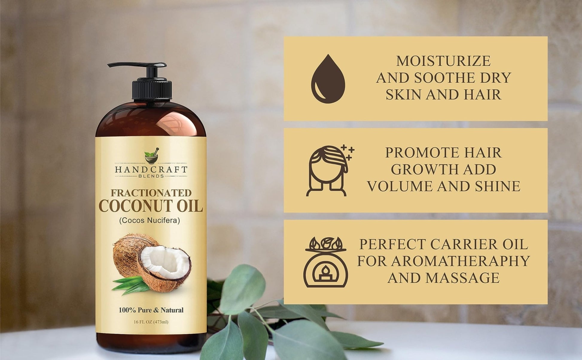 Handcraft Blends Fractionated Coconut Oil - 16 Fl Oz - 100% Pure and Natural - Premium Grade Carrier Oil for Skin, Hair and Body - Massage - Hair Tonic - dailyvitalstore