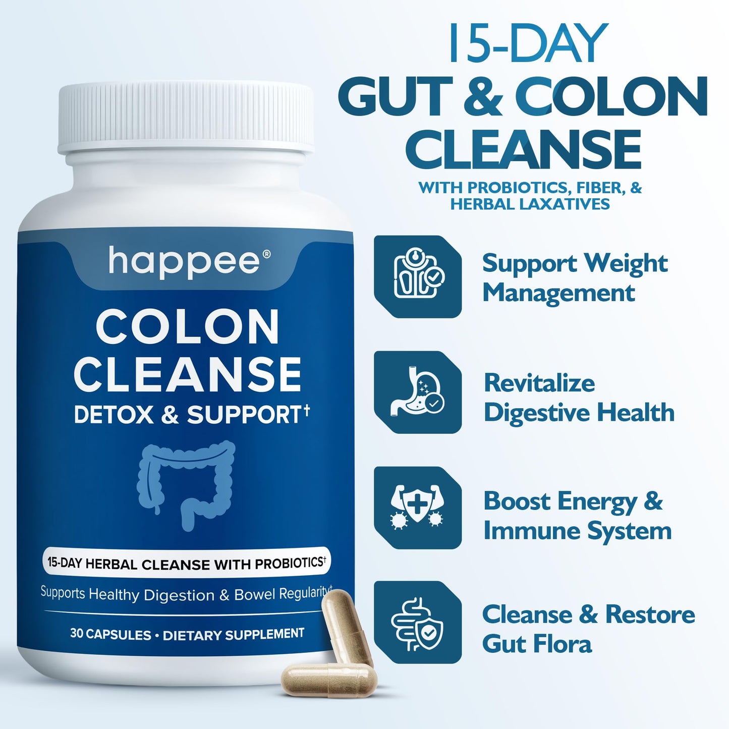 Happee Colon Cleanser & Detox for Weight Loss - 15 Day Colon Cleanse Pills & Gut Support Probiotics Women Men - dailyvitalstore