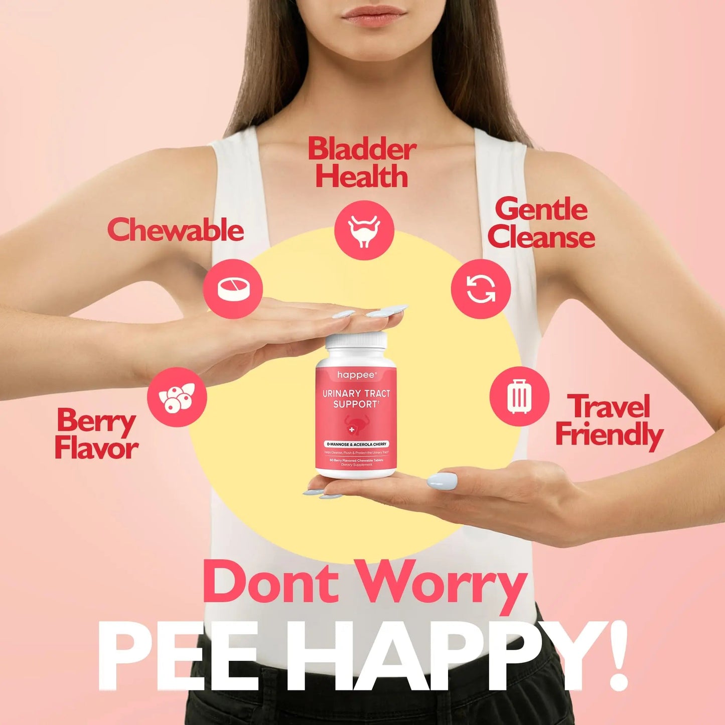 Happee Urinary Tract Health Supplement for Women & Men – Fast-Acting UTI Relief and Prevention, 500mg D-Mannose & Antioxidants, Supports Kidney and Bladder Health, Berry Flavor, 60 Chewables - dailyvitalstore