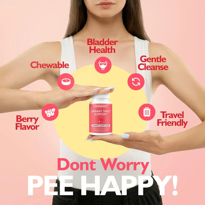 Happee Urinary Tract Health Supplement for Women & Men – Fast-Acting UTI Relief and Prevention, 500mg D-Mannose & Antioxidants, Supports Kidney and Bladder Health, Berry Flavor, 60 Chewables - dailyvitalstore