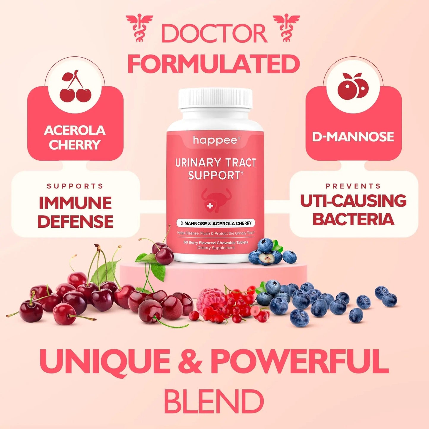 Happee Urinary Tract Health Supplement for Women & Men – Fast-Acting UTI Relief and Prevention, 500mg D-Mannose & Antioxidants, Supports Kidney and Bladder Health, Berry Flavor, 60 Chewables - dailyvitalstore