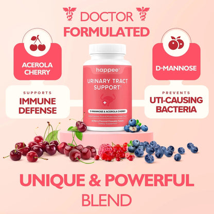 Happee Urinary Tract Health Supplement for Women & Men – Fast-Acting UTI Relief and Prevention, 500mg D-Mannose & Antioxidants, Supports Kidney and Bladder Health, Berry Flavor, 60 Chewables - dailyvitalstore