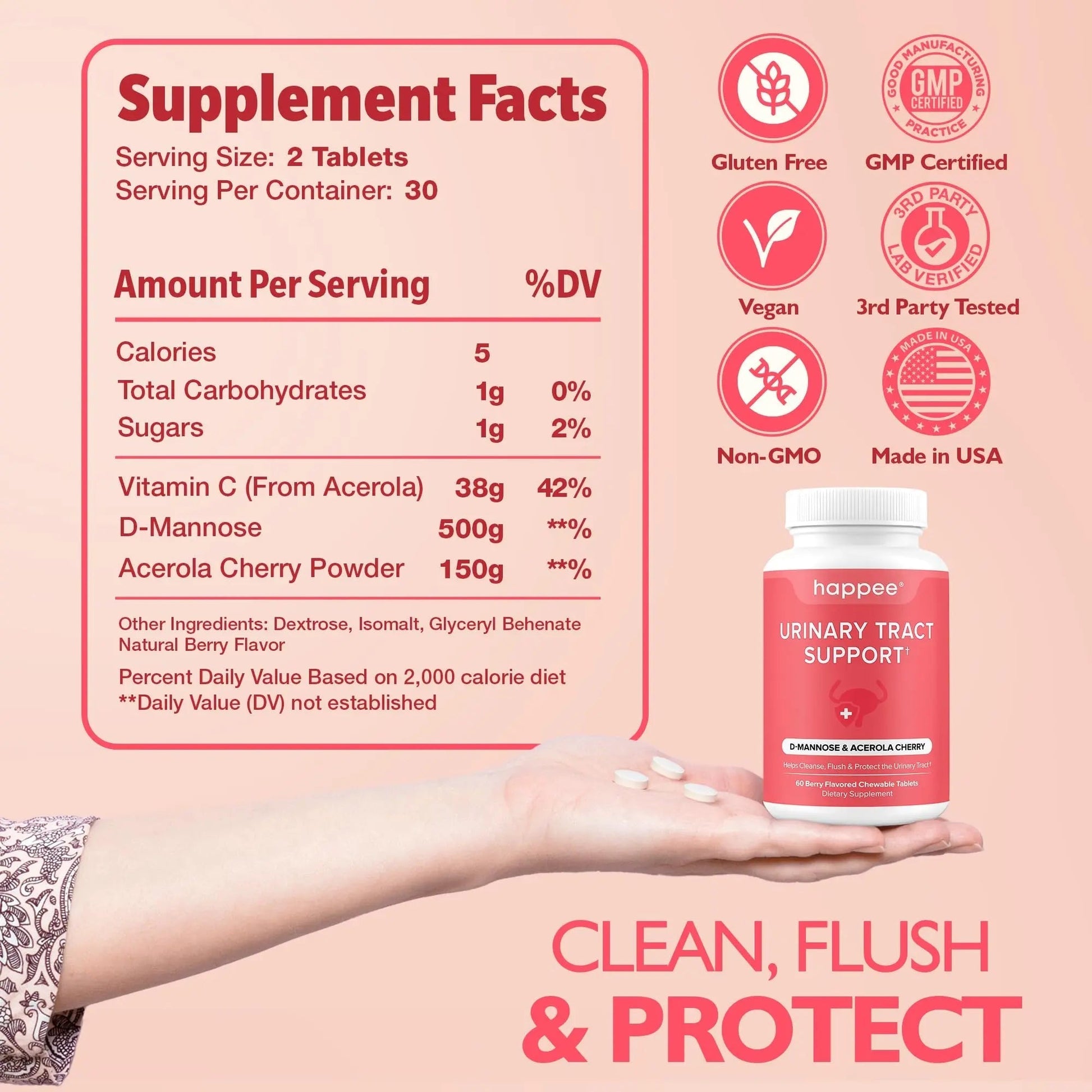 Happee Urinary Tract Health Supplement for Women & Men – Fast-Acting UTI Relief and Prevention, 500mg D-Mannose & Antioxidants, Supports Kidney and Bladder Health, Berry Flavor, 60 Chewables - dailyvitalstore