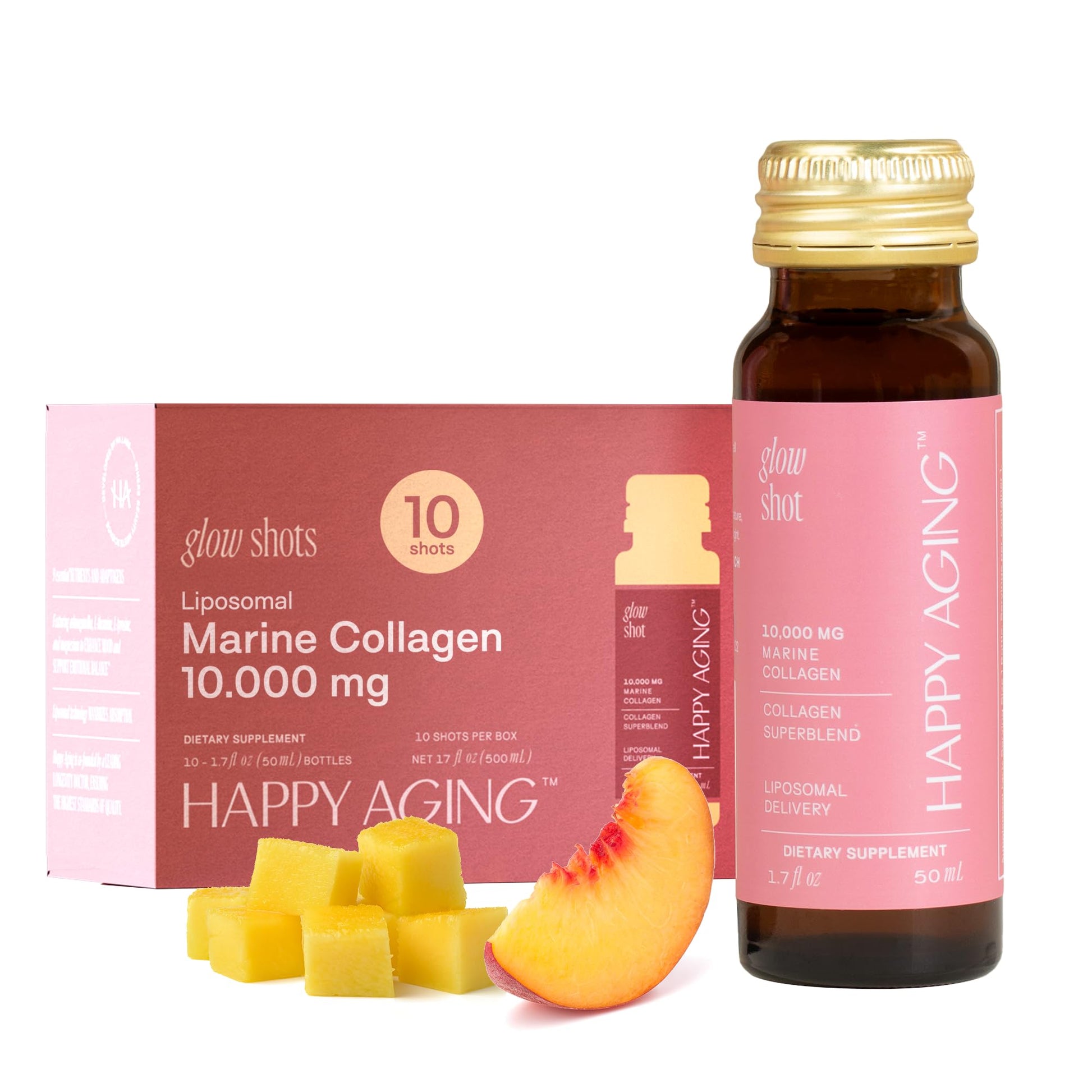 Happy Aging Marine Collagen Peptides Glow Shot 10,000mg - Liquid Collagen for Women with Liposomal Delivery - Promotes Skin Hydration, Elasticity & Radiance - Supports Hair & Nails, 10 Shots - dailyvitalstore