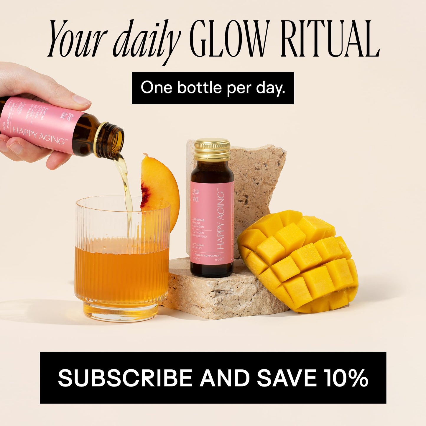 Happy Aging Marine Collagen Peptides Glow Shot 10,000mg - Liquid Collagen for Women with Liposomal Delivery - Promotes Skin Hydration, Elasticity & Radiance - Supports Hair & Nails, 10 Shots - dailyvitalstore