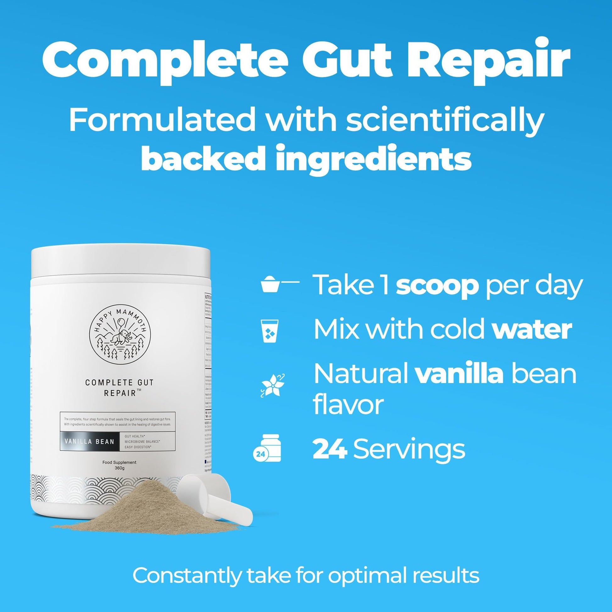 Happy Mammoth Complete Gut Repair Probiotic, Prebiotic, Fiber & Collagen Supplement for Gut Health, Digestion, Healthy Gut Microbiome, Reduces Constipation - dailyvitalstore