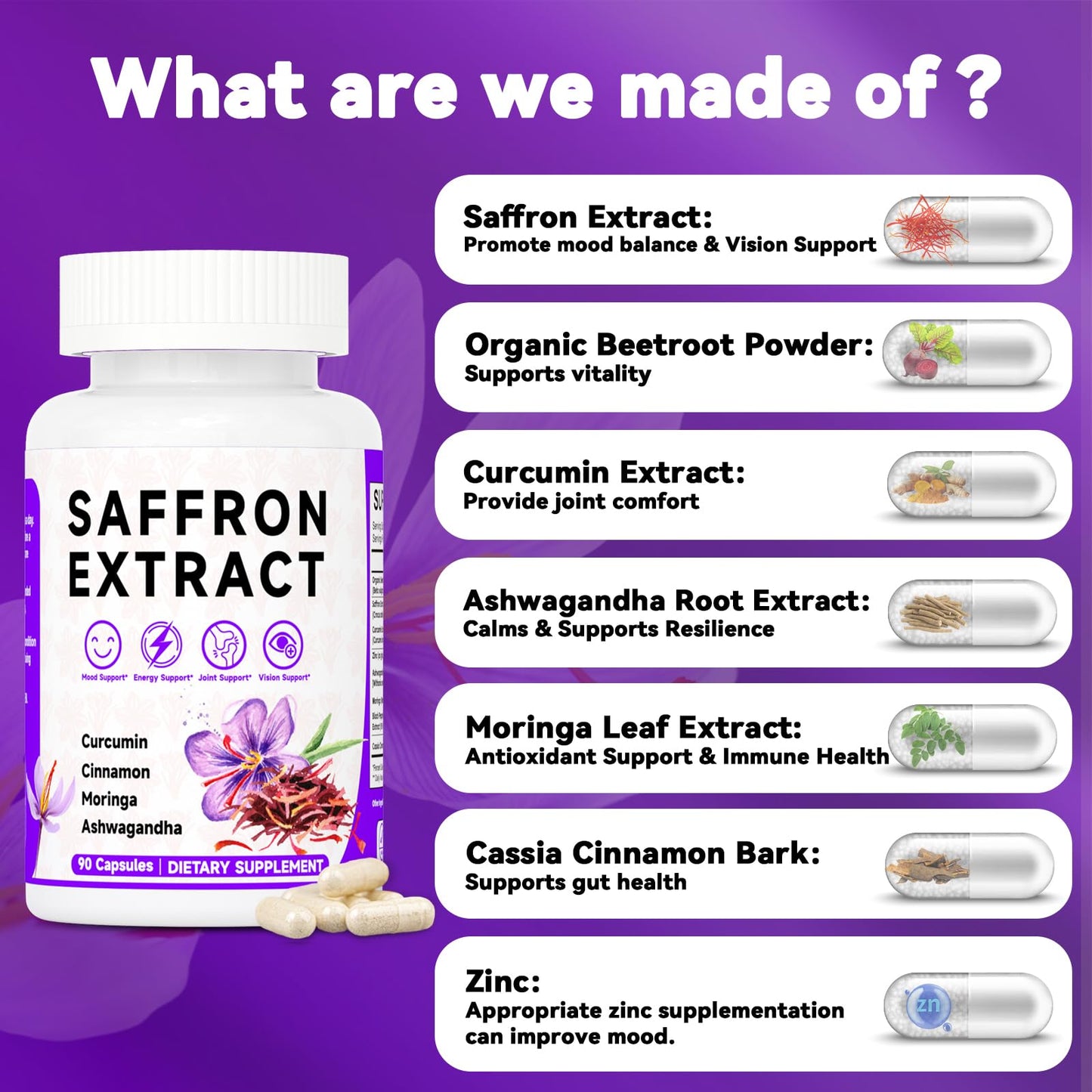 Happy Saffron Supplements, 100mg Saffron Extract, Saffron Blend with Turmeric & Ashwagandha, Supports Mood, Focus, and Energy Boost, 90 Capsules - dailyvitalstore