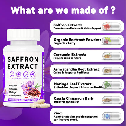 Happy Saffron Supplements, 100mg Saffron Extract, Saffron Blend with Turmeric & Ashwagandha, Supports Mood, Focus, and Energy Boost, 90 Capsules - dailyvitalstore