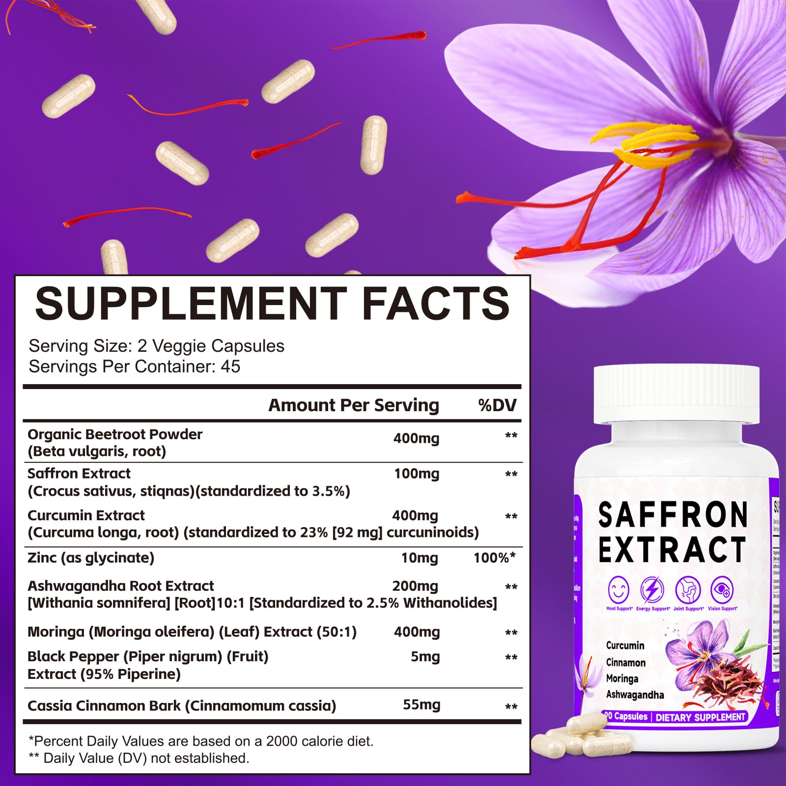 Happy Saffron Supplements, 100mg Saffron Extract, Saffron Blend with Turmeric & Ashwagandha, Supports Mood, Focus, and Energy Boost, 90 Capsules - dailyvitalstore