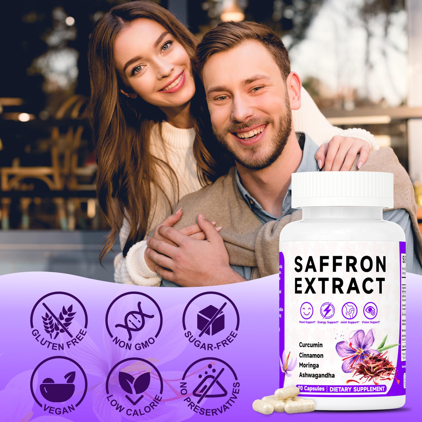 Happy Saffron Supplements, 100mg Saffron Extract, Saffron Blend with Turmeric & Ashwagandha, Supports Mood, Focus, and Energy Boost, 90 Capsules - dailyvitalstore
