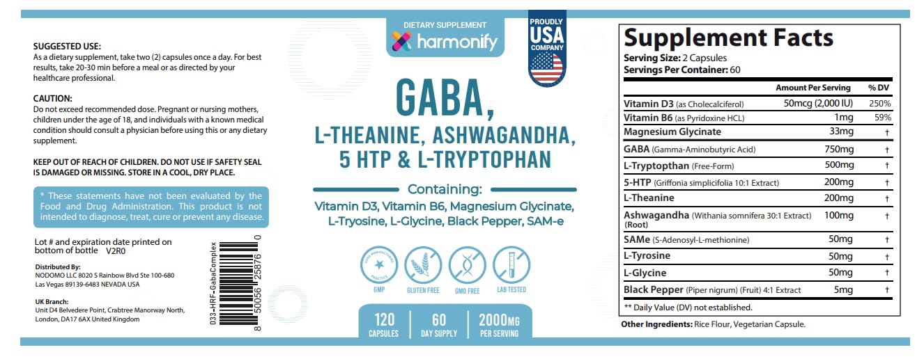 HARMONIFY GABA L-Theanine Supplements with Magnesium Glycinate, Ashwagandha, Same, 5-HTP and L-Tryptophan, 12 in 1 Supplements, 120 Capsules, 2000 mg - dailyvitalstore