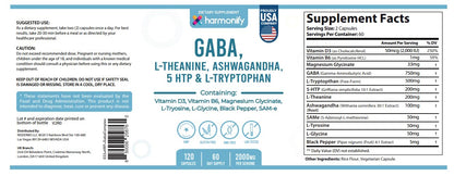 HARMONIFY GABA L-Theanine Supplements with Magnesium Glycinate, Ashwagandha, Same, 5-HTP and L-Tryptophan, 12 in 1 Supplements, 120 Capsules, 2000 mg - dailyvitalstore