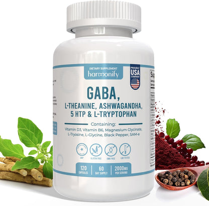 HARMONIFY GABA L-Theanine Supplements with Magnesium Glycinate, Ashwagandha, Same, 5-HTP and L-Tryptophan, 12 in 1 Supplements, 120 Capsules, 2000 mg - dailyvitalstore